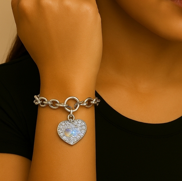Swarovski Crystals - Sterling Silver Overlay Heart Charm Bracelet - Chic Jewelry - Picture 1 of 7